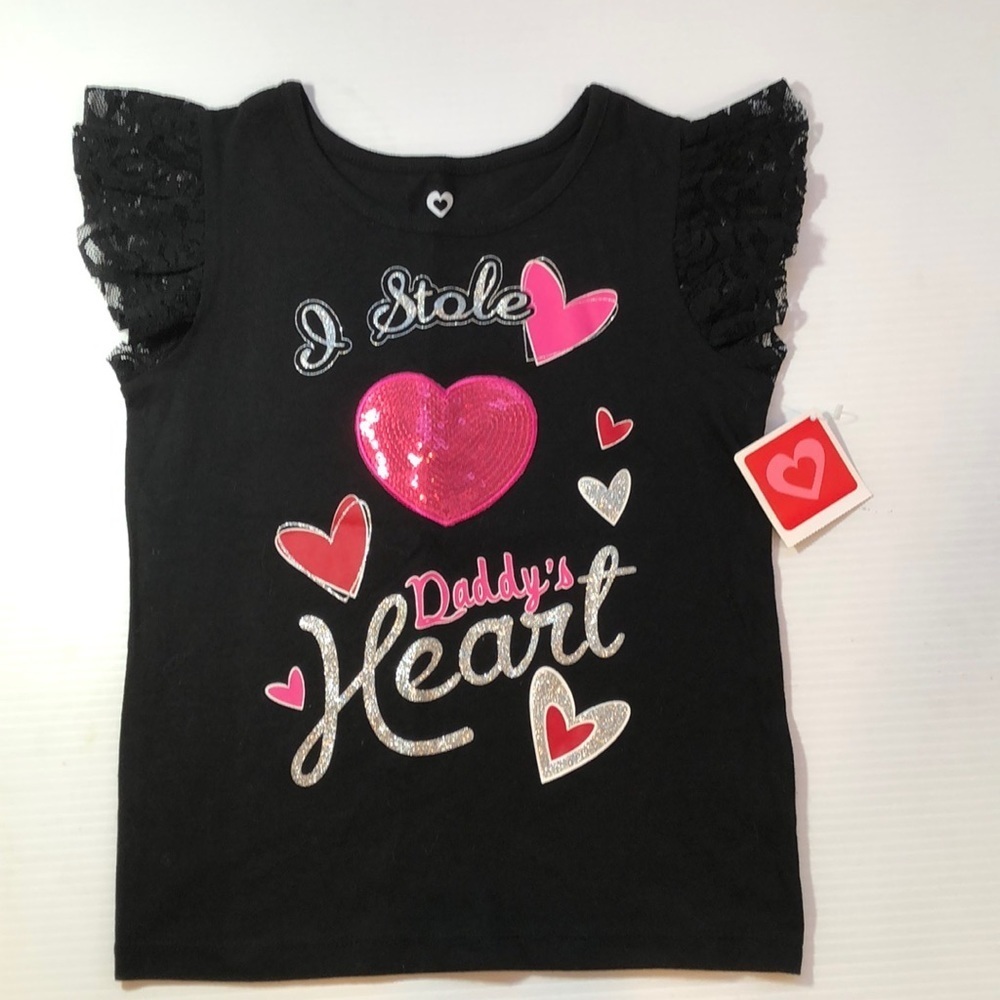 Valentine’s Day Sequin Heart Lace Cap Sleeve Black Pink Top Little Girls NEW 5T
